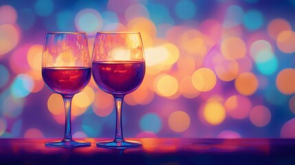 Elegant blurred bokeh lights beside wine glasses creating a romantic atmosphere.