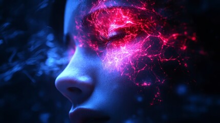Abstract Close up of Female Face with Glowing Energy Lines Cyberpunk Style