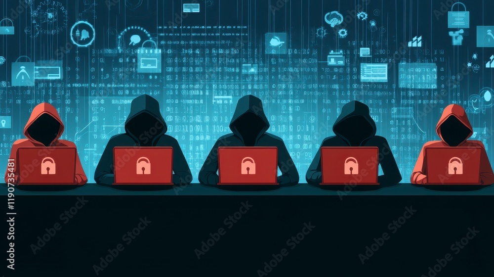 Poster anonymous hackers working on laptops cybersecurity threat digital data breach online crime scene