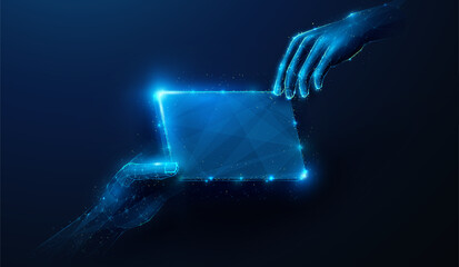 Abstract illustration of low poly hands sharing empty business card with copy space in center. Business communication concept by wireframe mesh on blue background