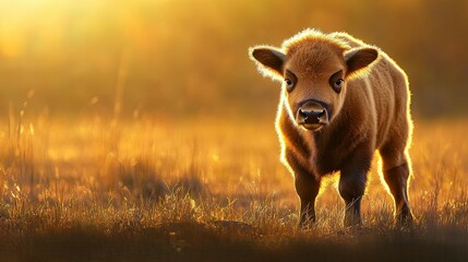 A little bison calf, with fluffy brown fur, standing in the golden sunlight on a grassy plain. Its peaceful expression and the glow of the sunlight create a heartwarming