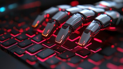 Fototapeta premium Robotic Hand Typing on Illuminated Keyboard Futuristic Technology Concept