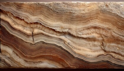 Fototapeta premium close-up texture of layered natural onyx stone with brown, beige, and cream striations, perfect for background, interior design, and artistic projects
