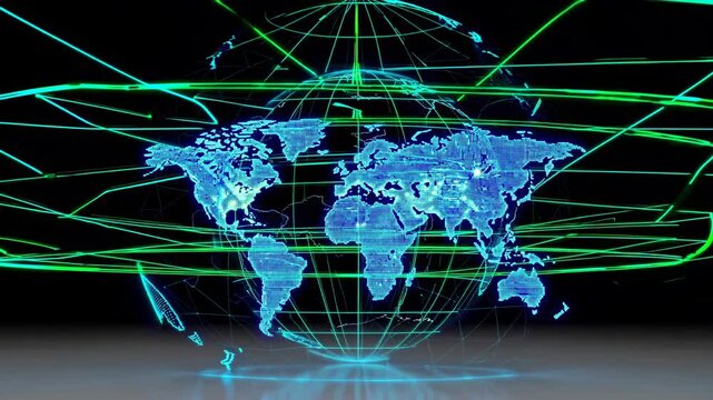 Exploring the interconnected world through digital mapping and network visualizations. Futuristic HUD, FUI, FVX style.