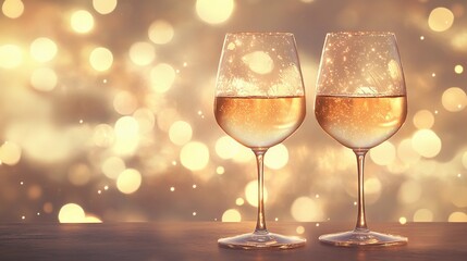 Elegant blurred bokeh lights beside wine glasses creating a romantic atmosphere.