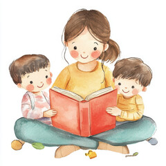 mother reading book to her children, family bonding time, joyful moments