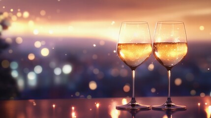 Elegant blurred bokeh lights beside wine glasses creating a romantic atmosphere.