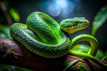 Fototapeta premium Emerald Serpent Night Photography: Green Snake in Dark Forest
