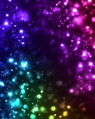 Vibrant rainbow bokeh background, perfect for celebratory designs, websites, or presentations.  Sparkling lights and colorful glow.