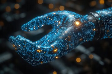 Futuristic robotic hand displays intricate circuitry with glowing lights in a technological environment