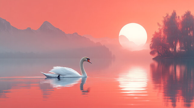 a beautiful adult white Lonely swan swimming in the lake at sunset