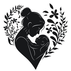 silhouette of a mother and baby with a heart