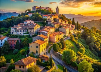 Naklejka premium Picturesque Italian Hilltop Town: Sun-Drenched Charm and Rolling Hills