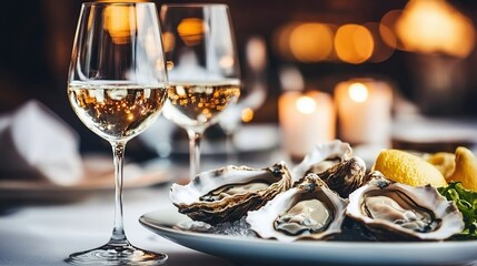 Fresh oysters on ice with white wine.