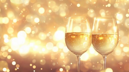 Elegant blurred bokeh lights beside wine glasses creating a romantic atmosphere.