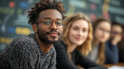 Obraz premium Confident Young Black Man with Glasses Focused Portrait among Blurred Female Colleagues