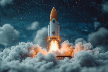 Blast Off! Cartoon Rocket Launching from Laptop Screen, Digital Startup Explosion, Innovation Concept Illustration fun  