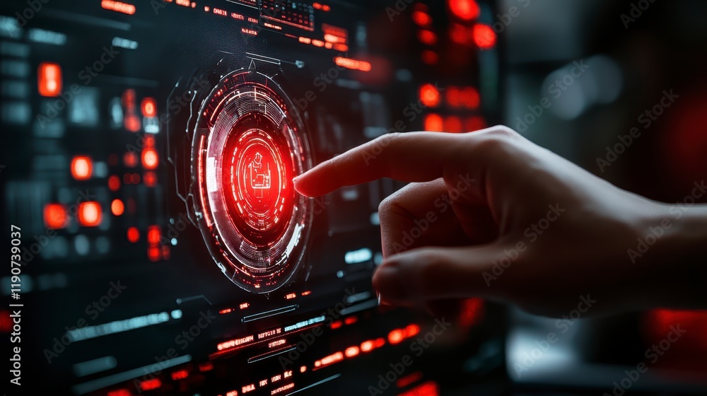 Poster futuristic red interface technology hand interacting with digital display screen