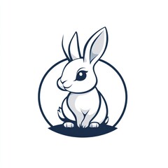 Obraz premium Cute white bunny sitting, circle logo, simple background, children's book illustration
