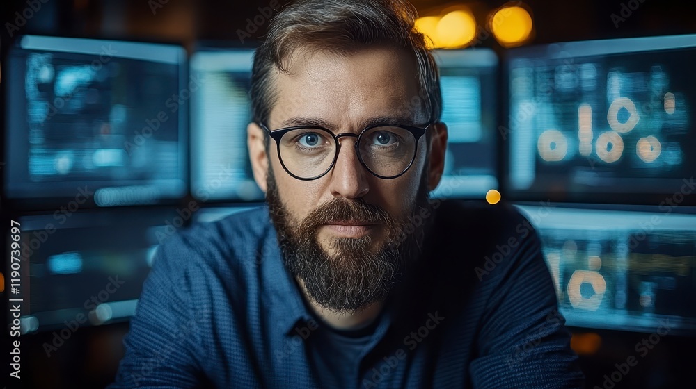 Poster serious man with beard and glasses working late at night in front of multiple computer screens