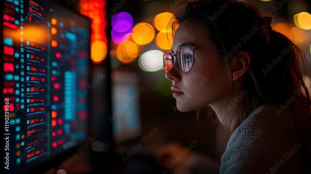 Poster focused young woman programmer working late at night on computer screen with data