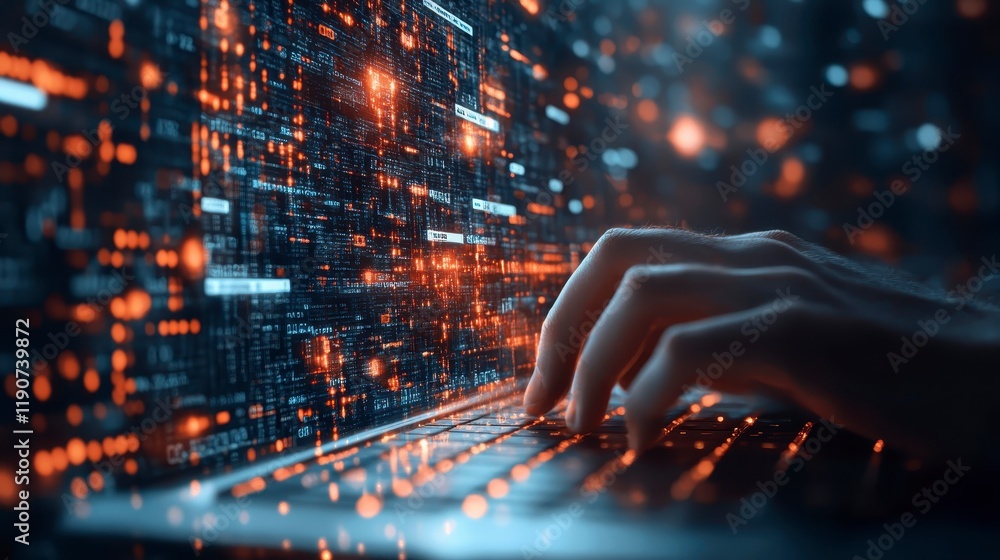 Poster hands typing code on laptop digital data stream cyber security software development technology
