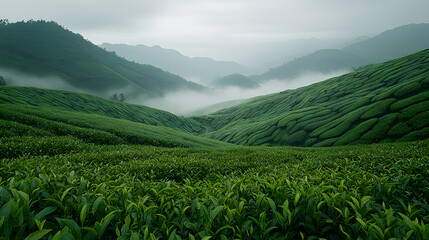 Fototapeta premium A serene Chinese tea plantation, with neatly arranged rows of lush green tea bushes and misty hills in the background, during a peaceful morning