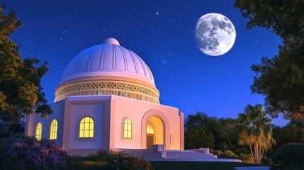 Fototapeta premium Dome Observatory Under a Full Moon at Night, Ideal for Educational or Inspirational Use
