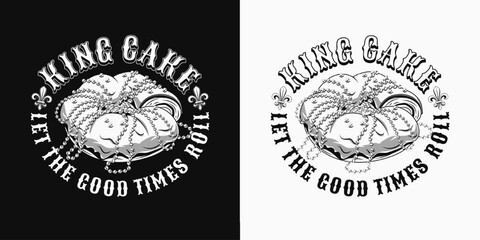 Circular Mardi Gras label with traditional king cake, fleur de Lis sign, text. For prints, clothing, t shirt, surface design. Vintage black and white illustration style © OA_Creation