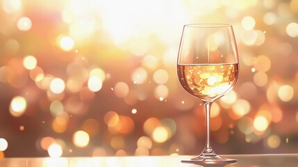 Romantic blurred bokeh lights beside wine glasses, enhancing a soft and dreamy dining scene, style book illustration