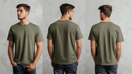 Three views of a man in a plain olive green t-shirt.