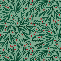 Christmas pattern, foliage, green, botanical, seamless pattern, vector illustration.  © Urska