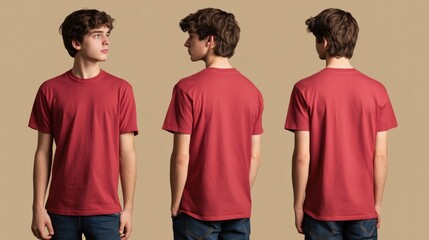 Three views of a teenage boy wearing a plain red t-shirt.