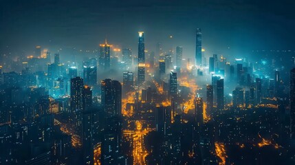 Night Cityscape Aerial View of Illuminated Skyscrapers and Foggy City at Night