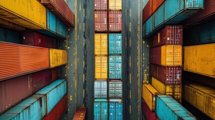 Fototapeta premium Aerial View of Colorful Shipping Containers at a Port Global Logistics and Trade