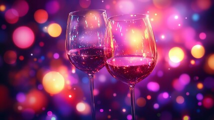 Romantic blurred bokeh lights beside wine glasses, enhancing a soft and dreamy dining scene, style book illustration