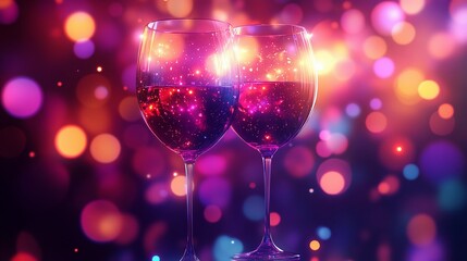 Romantic blurred bokeh lights beside wine glasses, enhancing a soft and dreamy dining scene, style book illustration