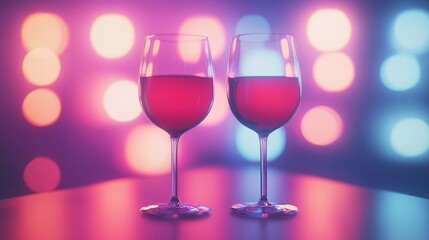Romantic blurred bokeh lights beside wine glasses, enhancing a soft and dreamy dining scene, style book illustration