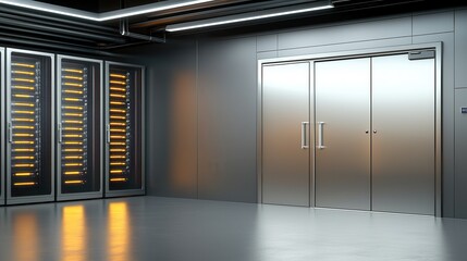 Modern Data Center Interior Server Racks and Steel Doors in a Secure Facility