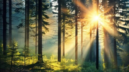 Beautiful forest scene with sunlight filtering through trees, creating a serene and tranquil atmosphere in nature