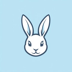 Cute white rabbit head, pastel blue background, logo design, Easter