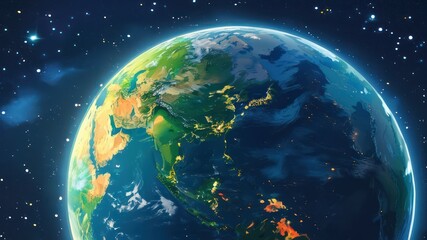 Fototapeta premium Vibrant depiction of Earth showcasing continents and oceans against a cosmic backdrop