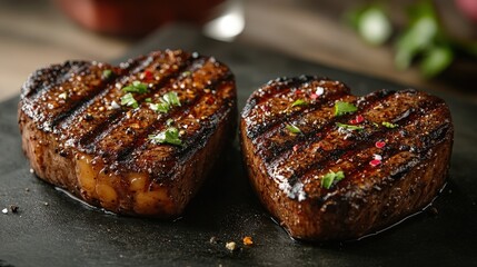 Two grilled steaks served on a black plate with garnishes in a well-lit setting valentine day