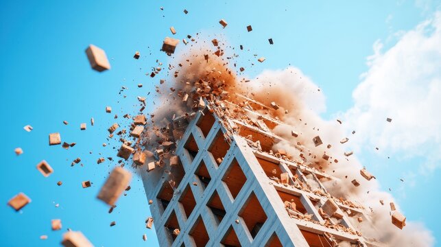 Dramatic Demolition High Rise Building Collapse Debris Falling Dust Cloud