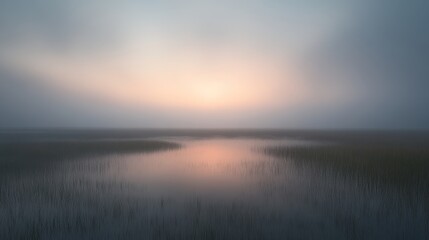 Obraz premium Serene Misty Sunrise Over Calm Waters with Subtle Reflections and Grasses in the Foreground, Capturing the Tranquility of Nature's Beauty at Dawn