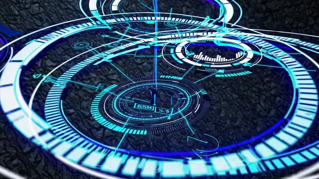 Digital blueprints showcase futuristic design elements and intricate geometric patterns. Futuristic HUD, FUI, FVX style.