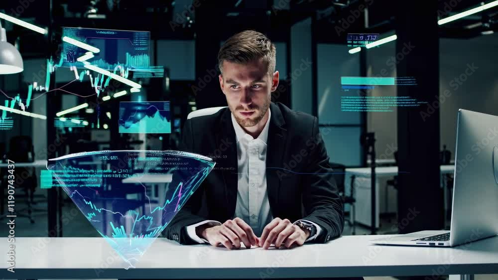 Fototapete professional man analyzing financial data in a modern office with digital graphs and charts displaye