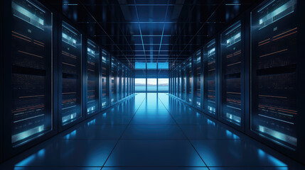 Fototapeta premium Advanced Data Center Infrastructure with Futuristic Blue Lighting