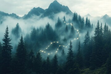 Misty forest path illuminated by glowing lights through tall evergreen trees and mountains in the distance