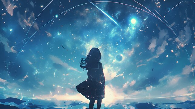 A beautiful anime character gazing at the expansive universe from a serene perspective.